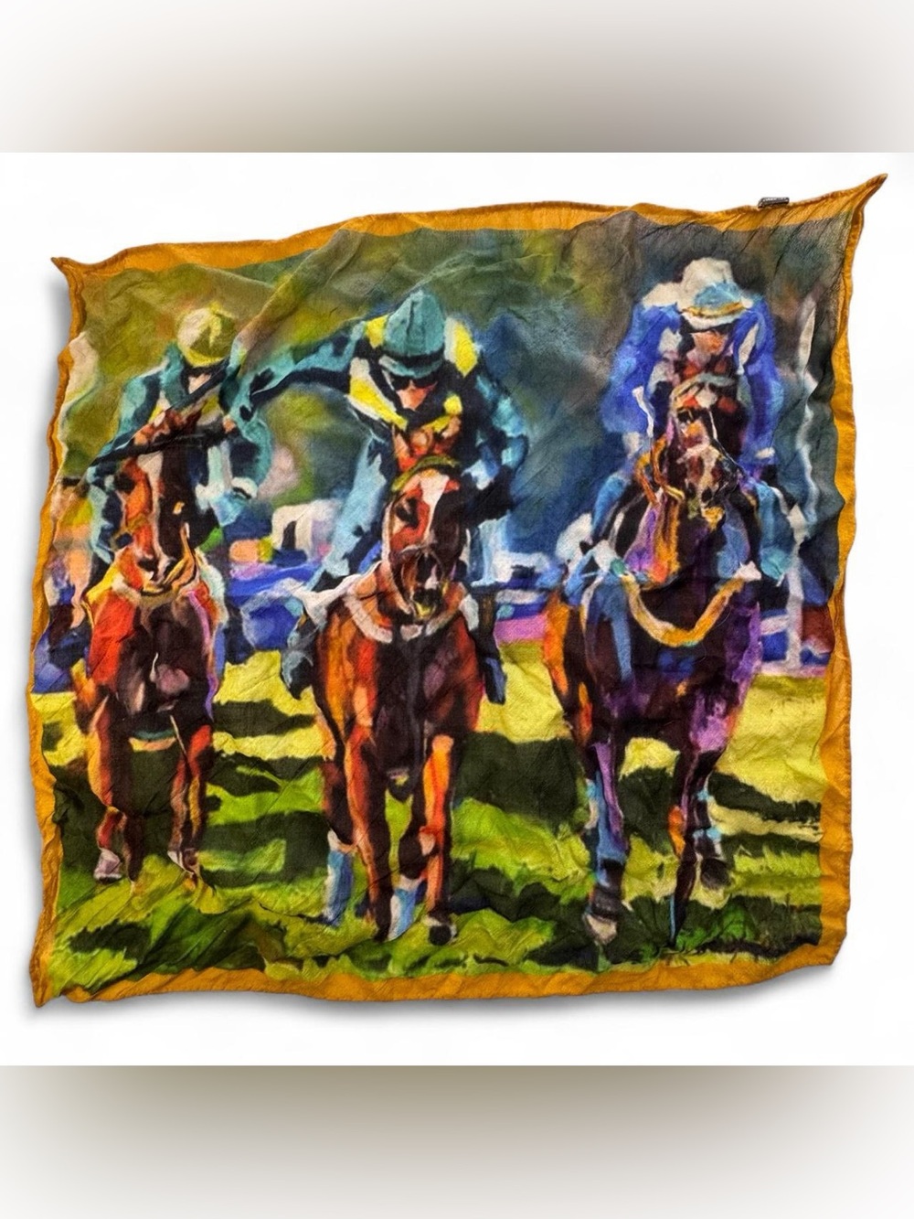 Vintage Horse Racing Scene Wool Silk Italian Scarf Mustard Yellow Equestrian